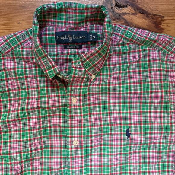 Ralph Lauren green pink plaid short sleeve button up mens shirt SIZE M - Picture 3 of 4